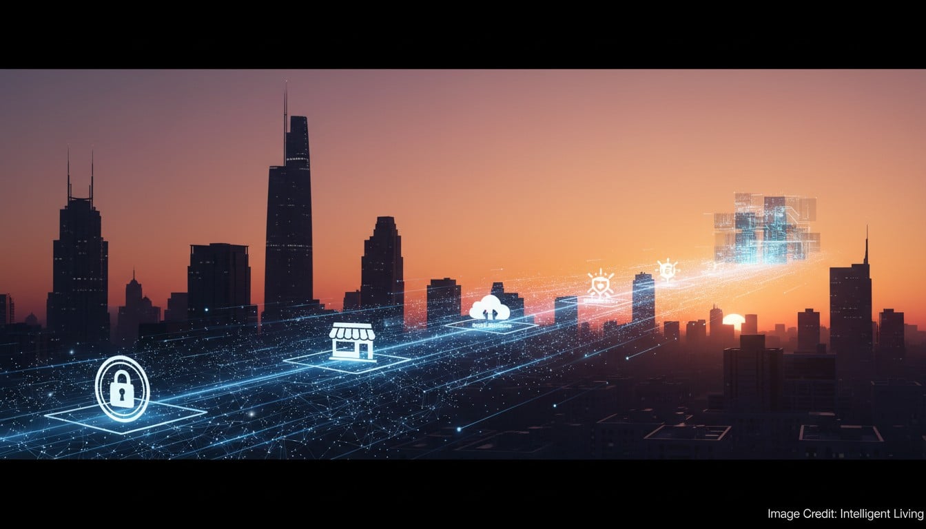 Sunrise city panorama with a forward path of light connecting civic buildings, data centers, and cloud infrastructure icons representing digital government growth and tech investment momentum.
