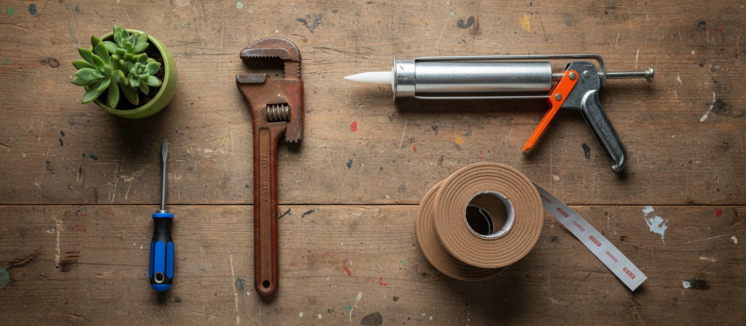 A variety of home repair tools like a wrench, screwdriver, and caulk gun arranged neatly on a wooden surface, representing a green home maintenance checklist.