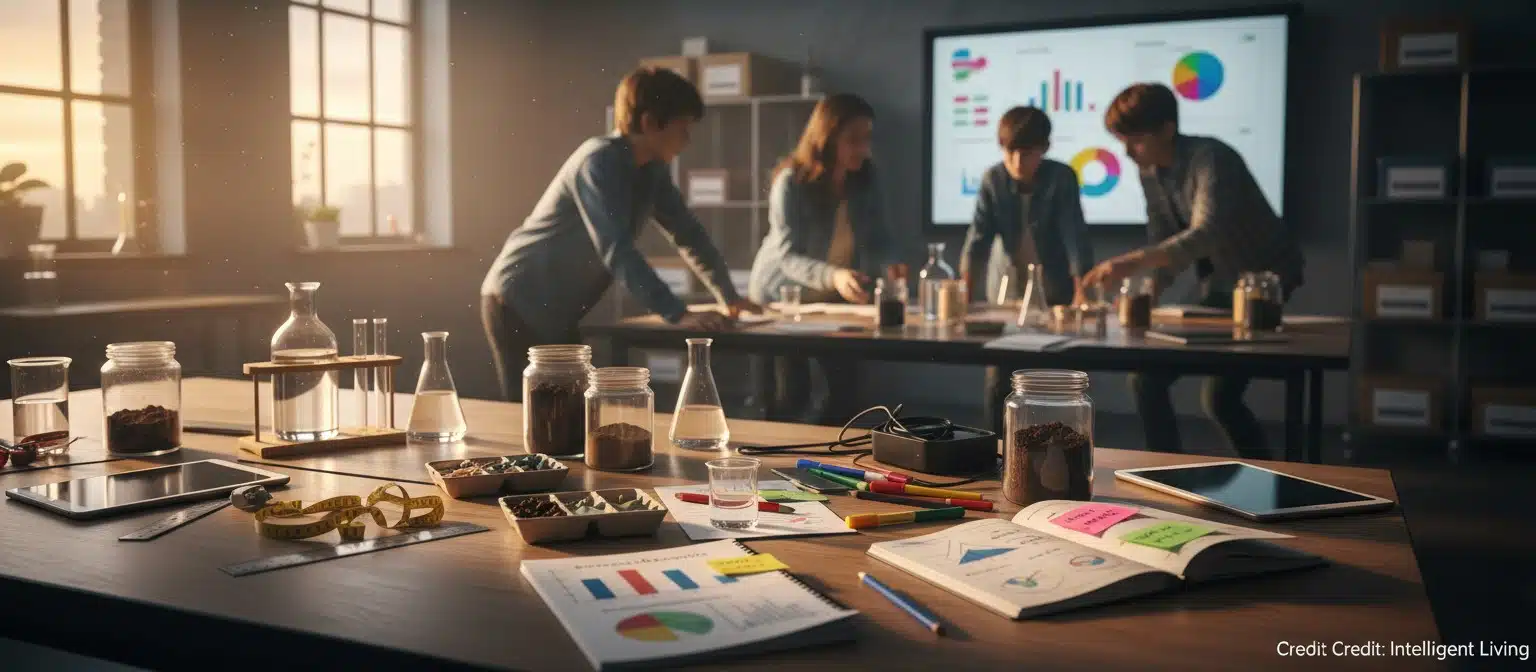 Cinematic wide banner showing a vibrant hands-on STEM club scene with portable science tools, notebooks, and glowing classroom screens, representing a 30-day STEM playbook and digital skills gap solutions.