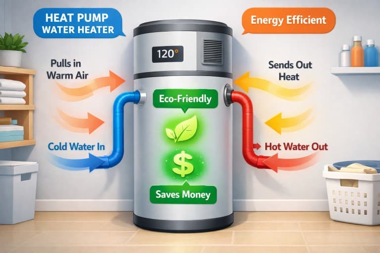 Diagram illustrating the operation of a heat pump water heater, showing cold water in, warm air pulled in, hot water out, and heat sent out. Labels indicate it is eco-friendly, saves money, and is energy efficient. A temperature display shows 120°F.