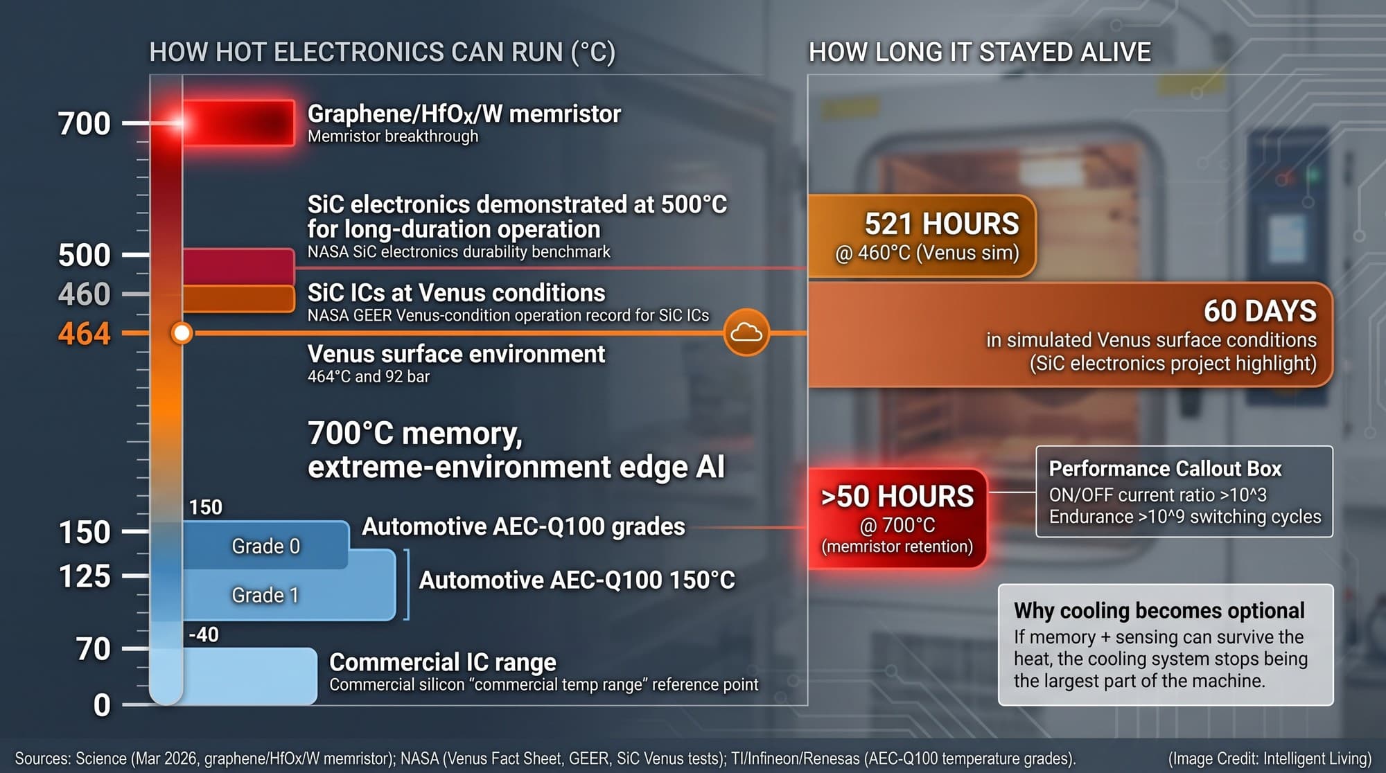 A temperature capability chart comparing conventional silicon, high-temperature SiC, and a 700°C memristor, showing why cooling-heavy edge AI can shift to extreme-environment electronics.