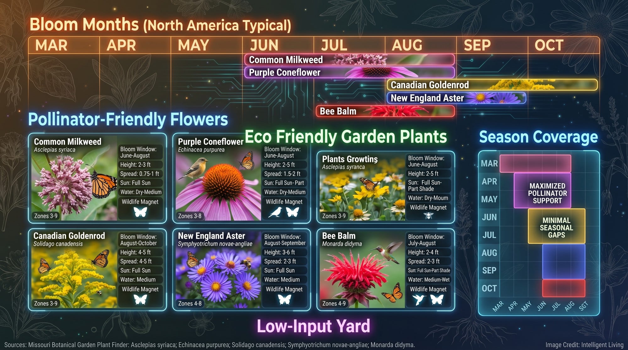 A data-rich visual comparing five pollinator-friendly native flowers with bloom months, height, sun, and water needs.