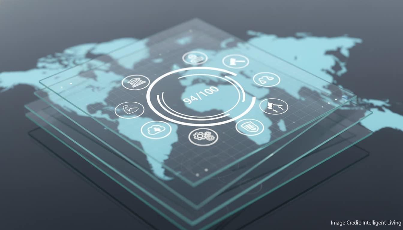 Minimalist global dashboard scene with layered score dials, policy icons, and secure data governance symbols illustrating regulatory maturity metrics and digital readiness scoring.