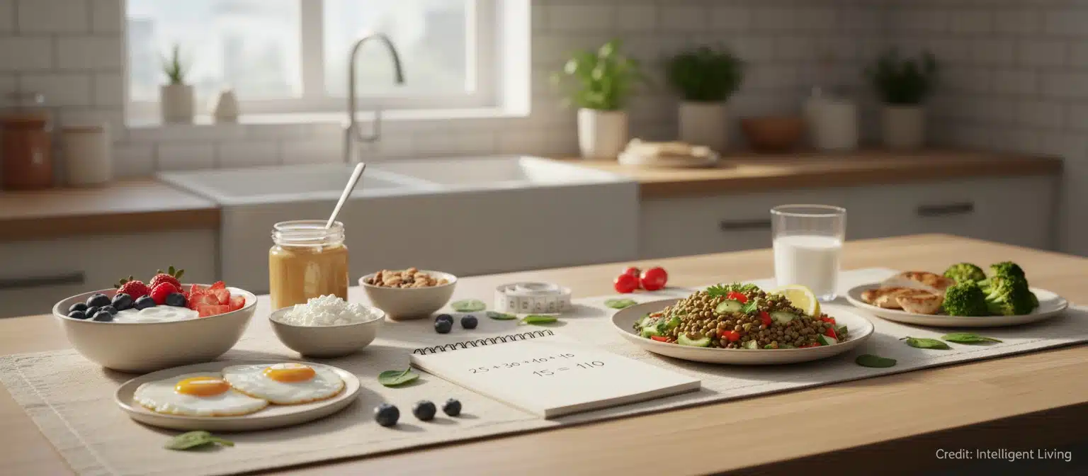 Sunlit kitchen counter with protein-rich breakfast foods, a notepad with simple weight-to-protein math, and fresh whole foods suggesting a healthy aging protein plan after 50.