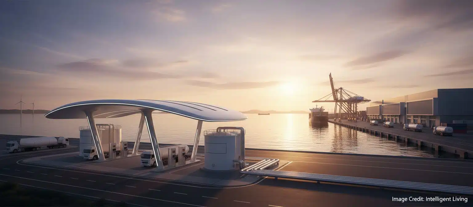 Cinematic port-side clean energy hub with hydrogen fueling infrastructure, industrial warehouses, and a bright horizon, emphasizing durable water electrolysis and the push toward lower-cost green hydrogen.