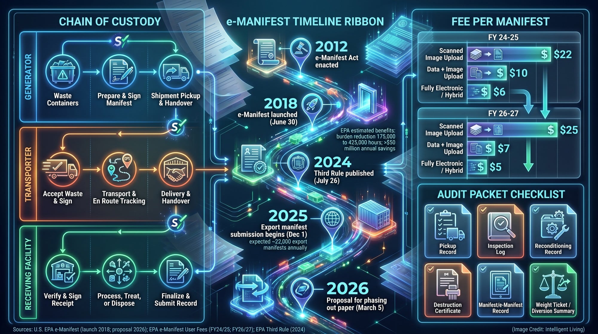 A compliance documentation visual showing e-Manifest timeline, fee differences by submission type, and an audit packet checklist for hazardous waste chain-of-custody.