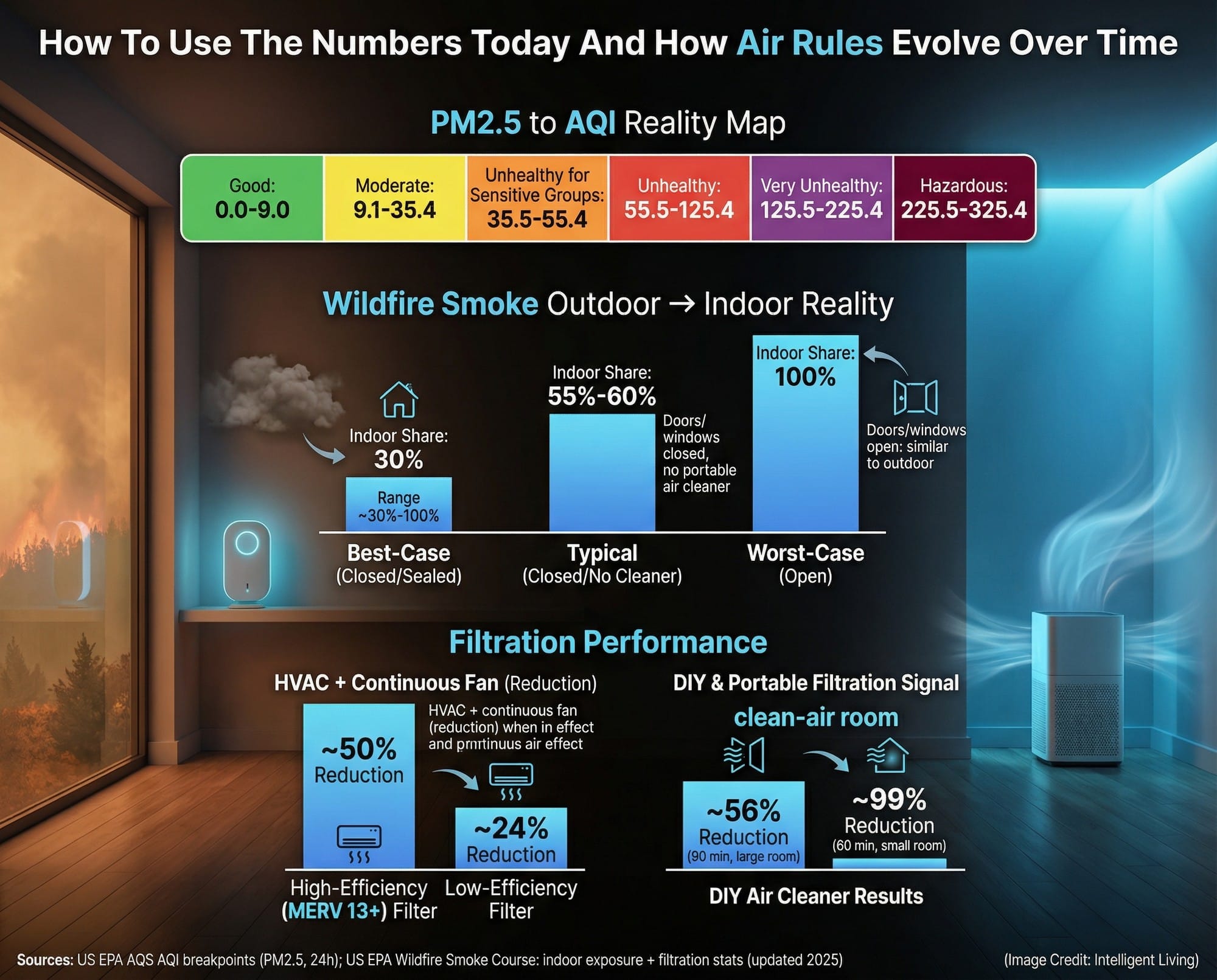 Practical visual translating PM2.5 concentrations into AQI categories and indoor smoke protection performance with quantified reductions.