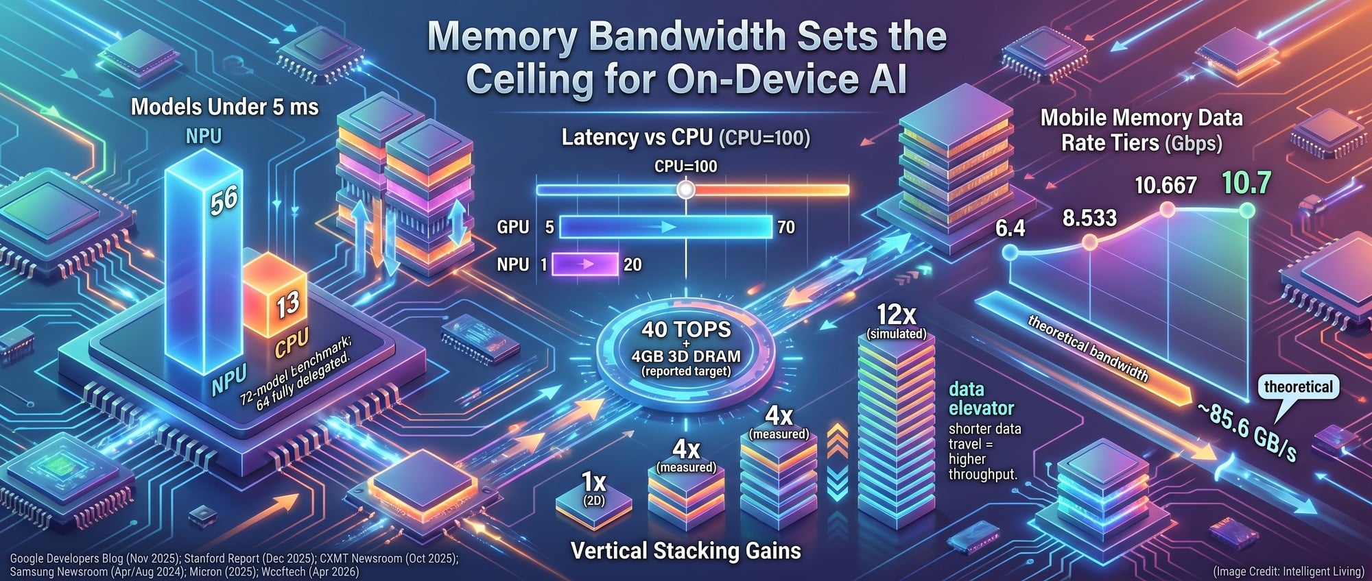 Data-rich chart scene comparing NPU latency under 5 ms, memory bandwidth tiers from LPDDR5X to 10.7 Gbps classes, and vertical stacking gains that reduce the AI memory wall.