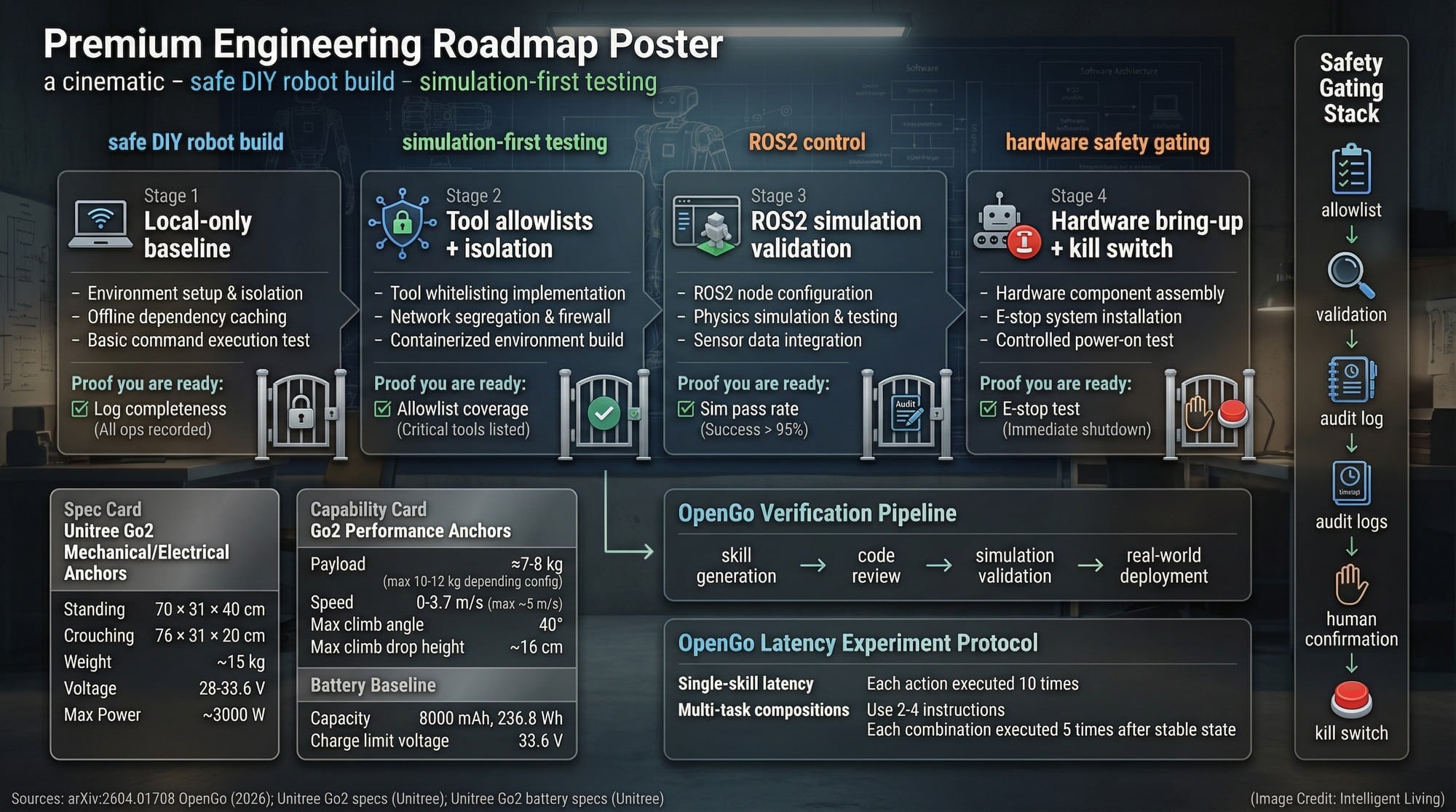 Roadmap graphic showing a safe DIY workflow from local gateway setup to simulation validation and controlled robot activation with kill switch and audit logs.