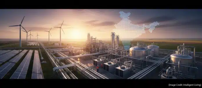 Cinematic wide shot of renewable energy powering a modern industrial chemical facility symbolizing India green ammonia fertiliser supply stability and clean molecule pricing.