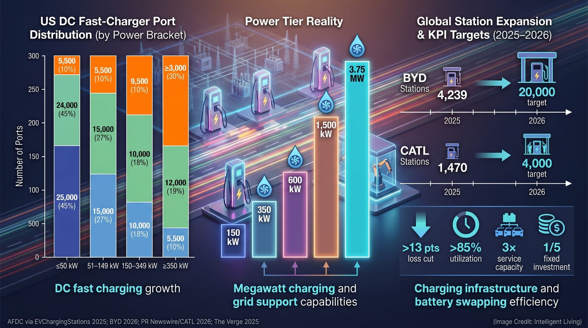 Infrastructure-focused data graphic showing DC fast charger power distribution, megawatt-class charging targets, and charge–swap station buildout timelines.