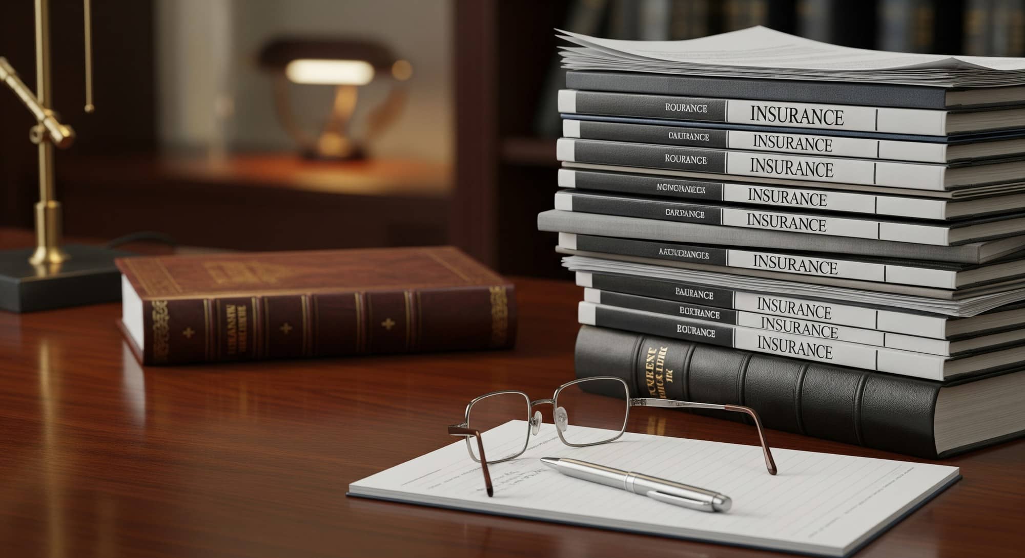 A neat stack of insurance folders and legal documents on a desk with a pair of glasses and a pen.
