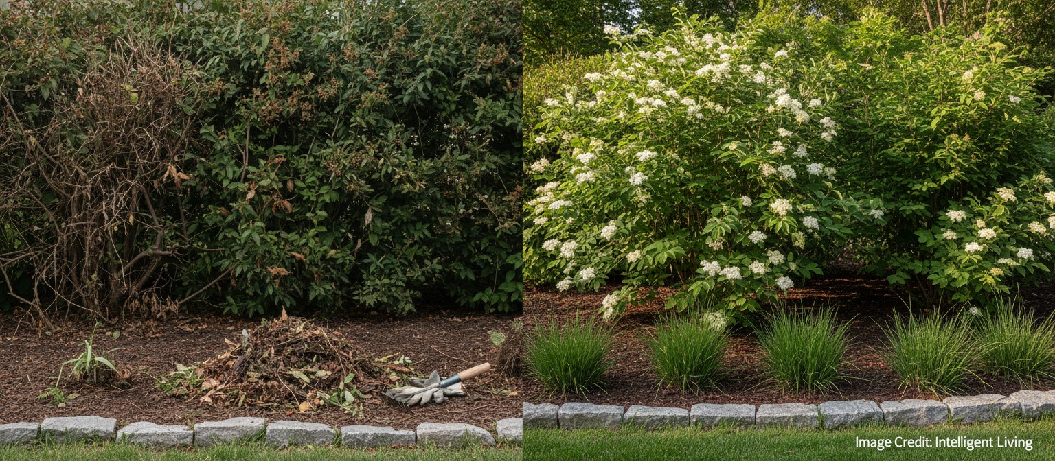 A split-scene garden visual showing invasive plant removal replaced by native shrubs and habitat-supporting alternatives.