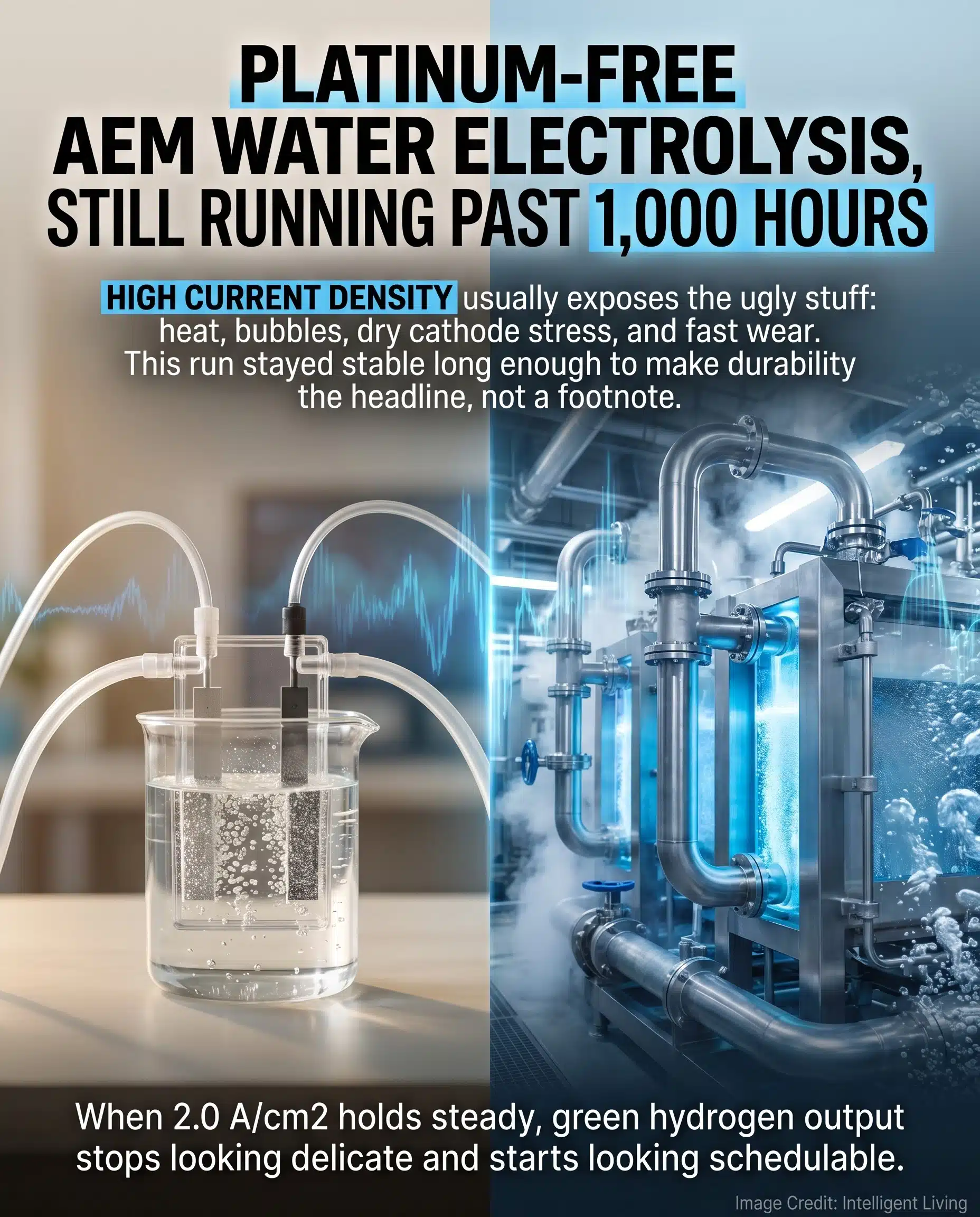 Meme-style split image of a clean industrial water electrolysis room versus a small lab setup, with bold text explaining platinum-free AEM water electrolysis durability and industrial current density running for 1,000+ hours.
