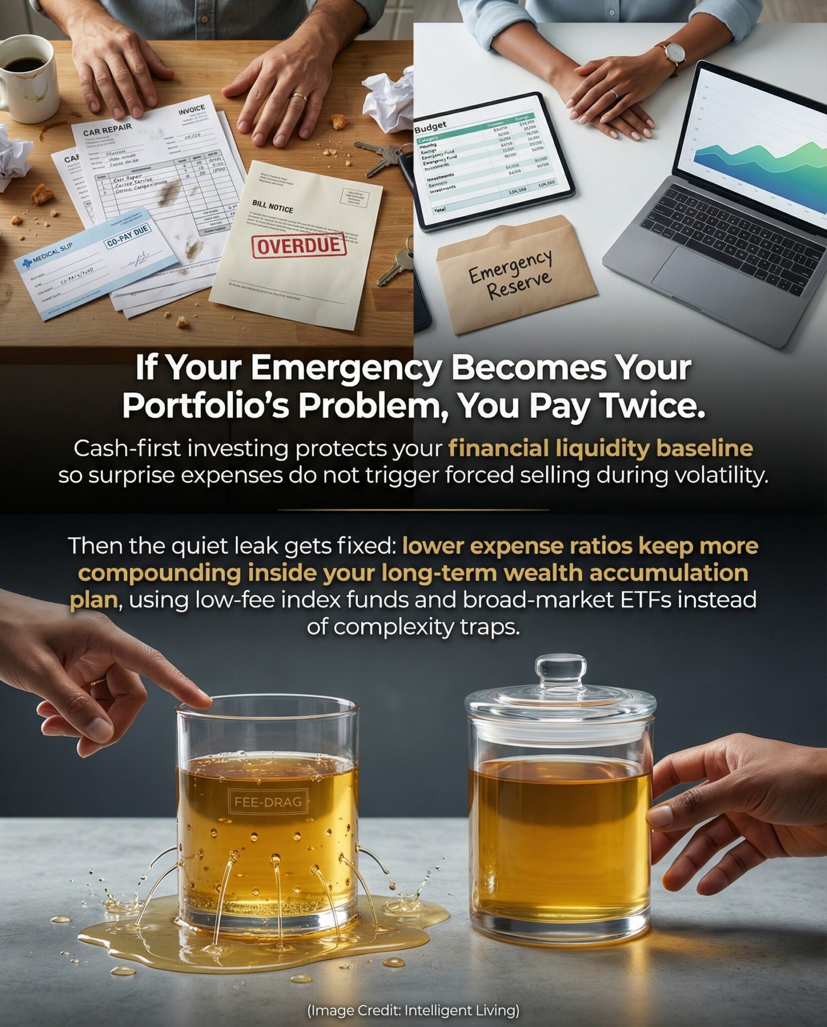 A split-scene meme showing financial chaos versus calm planning plus a visual "leak" metaphor for investment fees, explaining cash-first investing, emergency cash reserves, and low-fee index fund strategy.