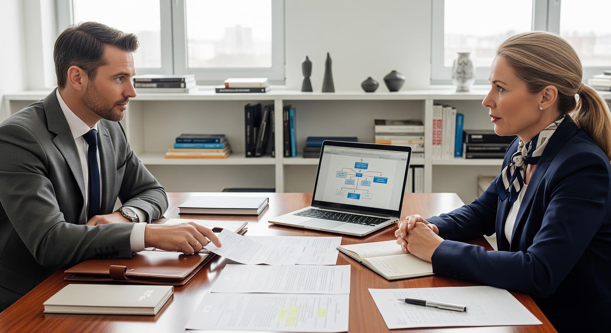 A professional office setting showing a consultant or lawyer discussing a case with a client.