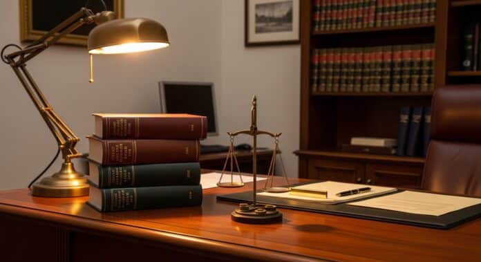 Professional law office with books and scales of justice