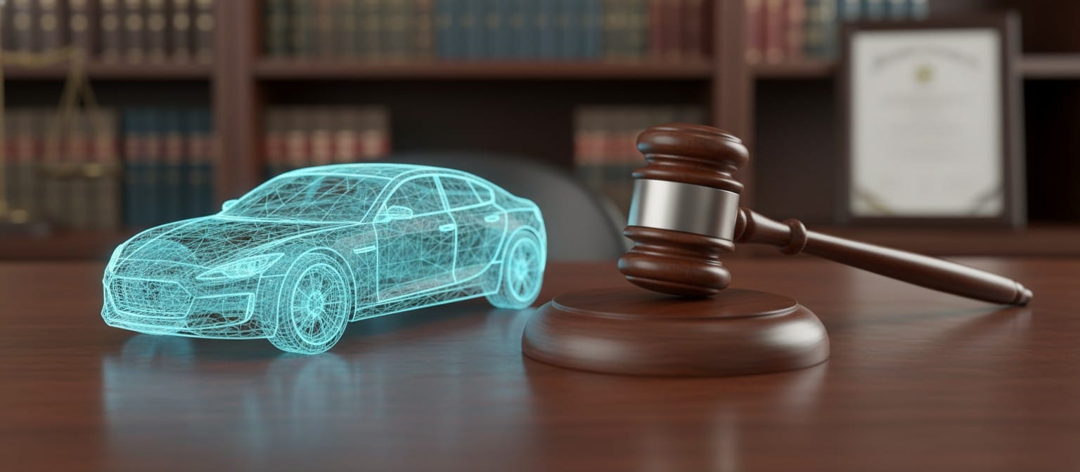 A conceptual image of a wooden legal gavel resting on a desk next to a glowing holographic wireframe of a car.