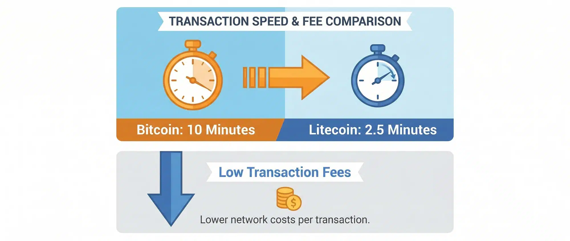 Comparison of Bitcoin and Litecoin transaction speeds and fees.