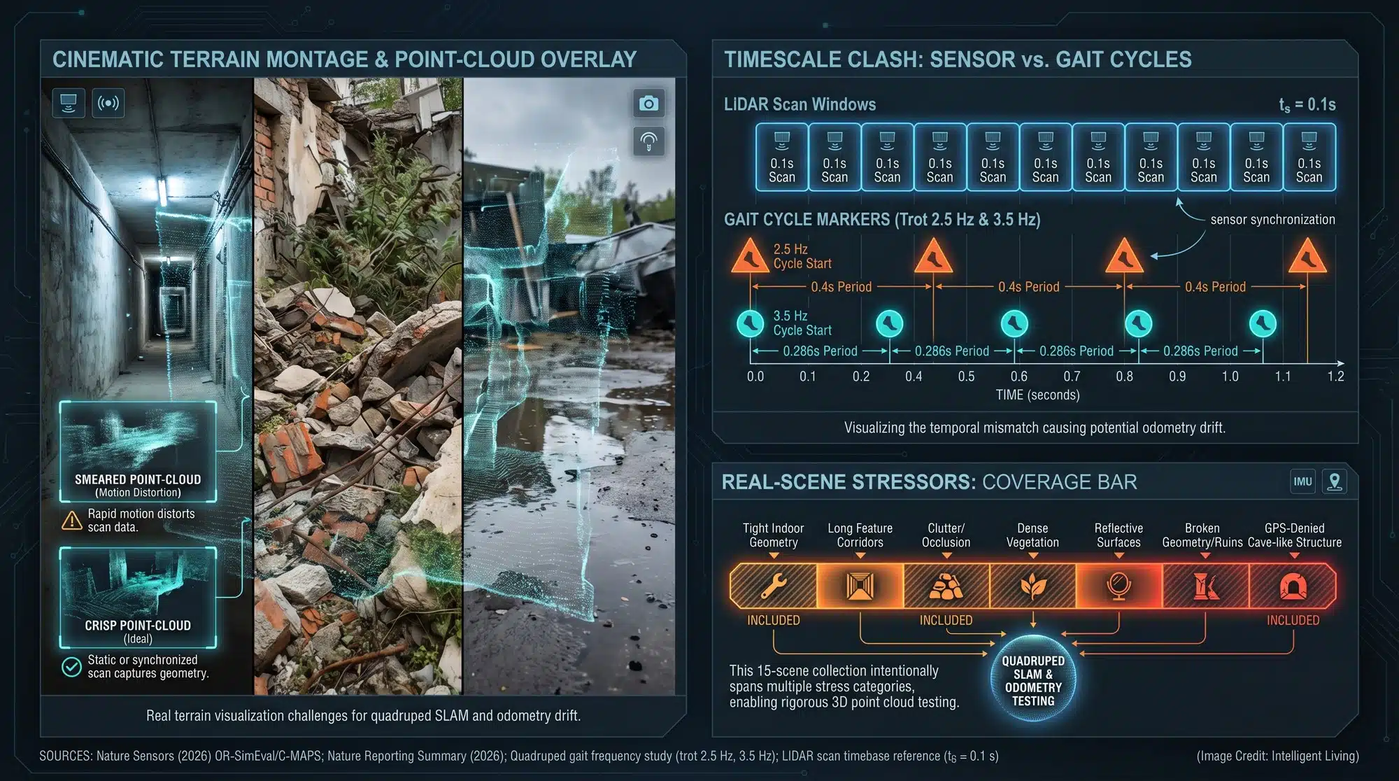 A data-rich visual explains how quadruped gait vibration and scan timing create motion distortion in 3D mapping, comparing gait frequency and LiDAR scan windows across real-world scene types.