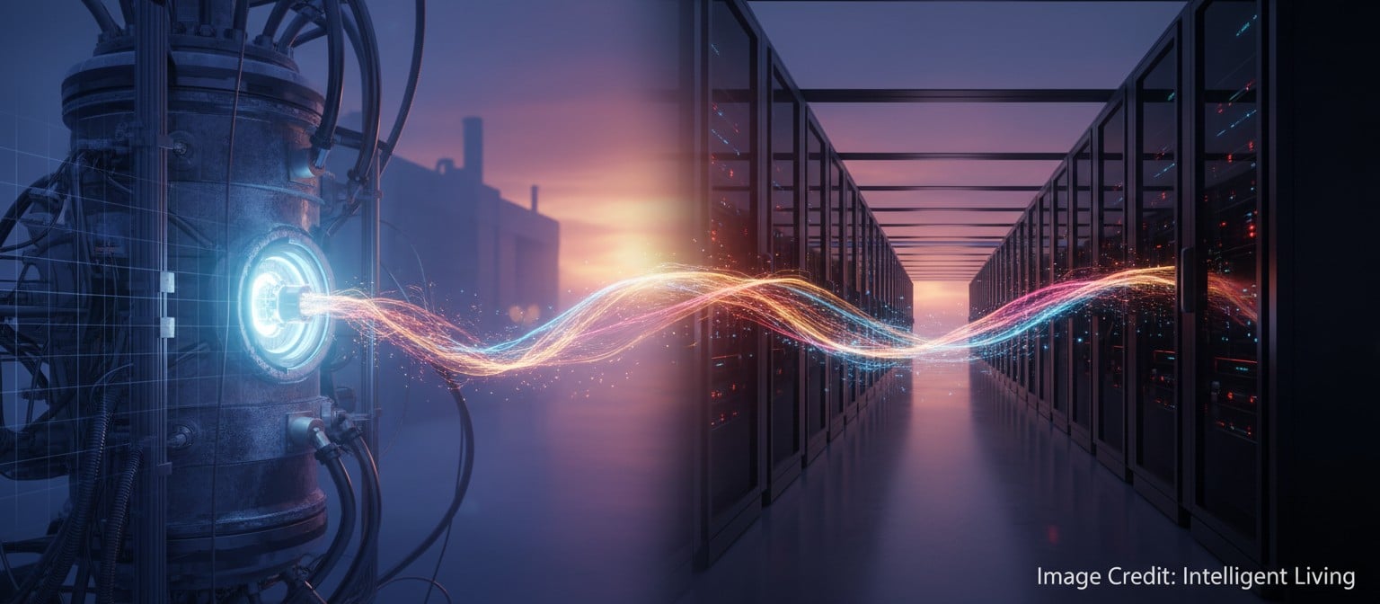 Wide sunrise scene blending a quantum cryostat and a modern data center corridor, linked by a glowing low-latency data ribbon that suggests hybrid quantum-classical computing at scale.