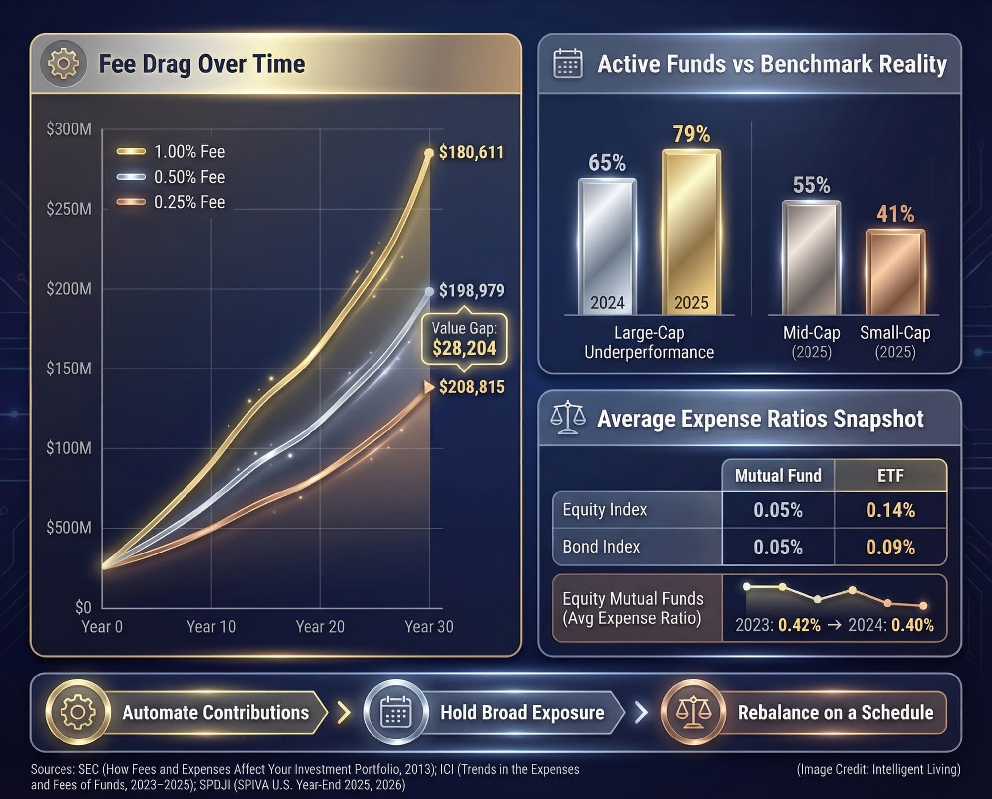 A data-board showing fee compounding over 20 years, active fund underperformance rates, and average expense ratios for index funds and ETFs to support low-fee investing strategy.