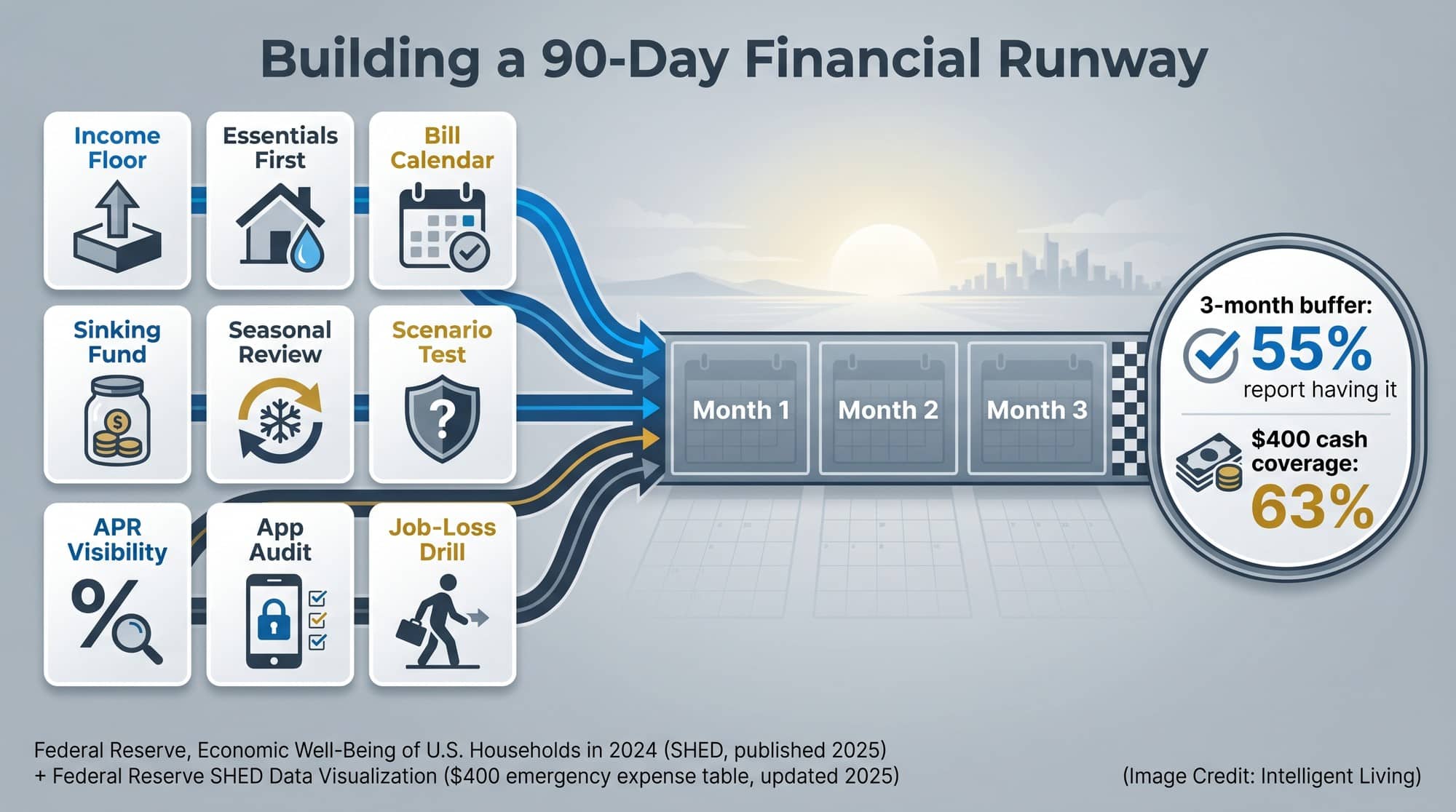 Instructional visual showing nine low-friction habits flowing into a 90-day finish line with emergency-savings benchmarks and cash coverage signals from Federal Reserve household survey data.