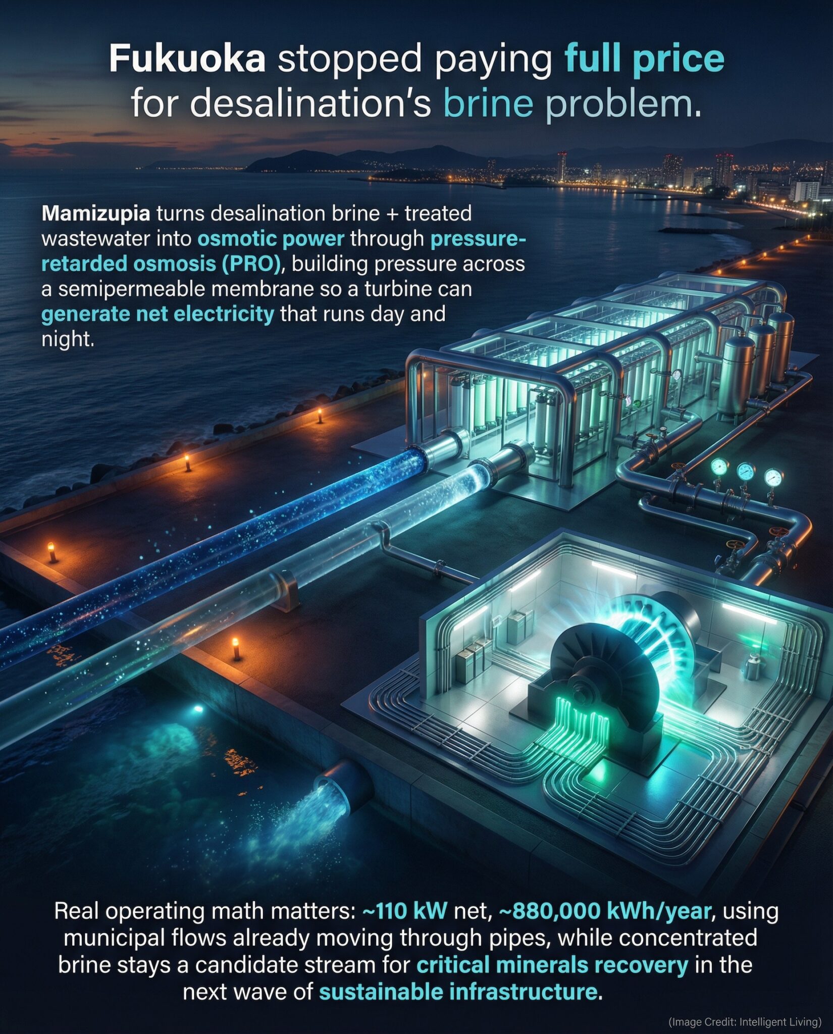 4:5 meme-style image showing the Mamizupia osmotic power plant in Fukuoka turning desalination brine and treated wastewater into 24/7 net electricity, with a vivid sustainable infrastructure theme and mineral recovery cues.