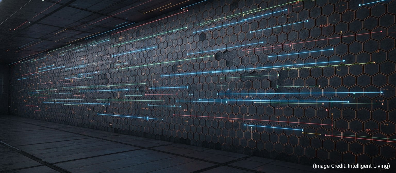 Wide cinematic photo of a large-scale chip array and glowing data lines representing crossbar scaling, variability control, and stable continual reinforcement learning hardware.