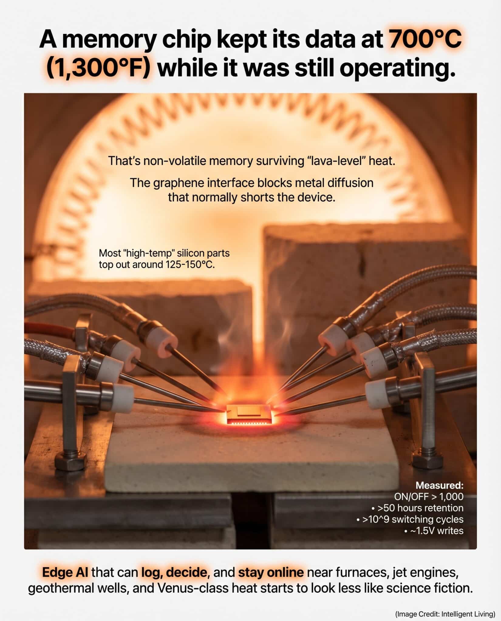 A glowing microchip inside a high-heat test chamber, representing a 700°C non-volatile memory breakthrough for extreme-environment edge AI.