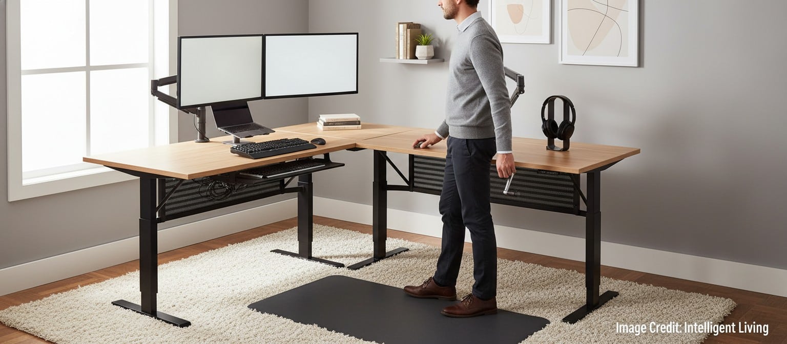 Corner home office with an L-shaped mechanical standing desk, one person adjusting a hand crank while working with dual monitors and organized cables.