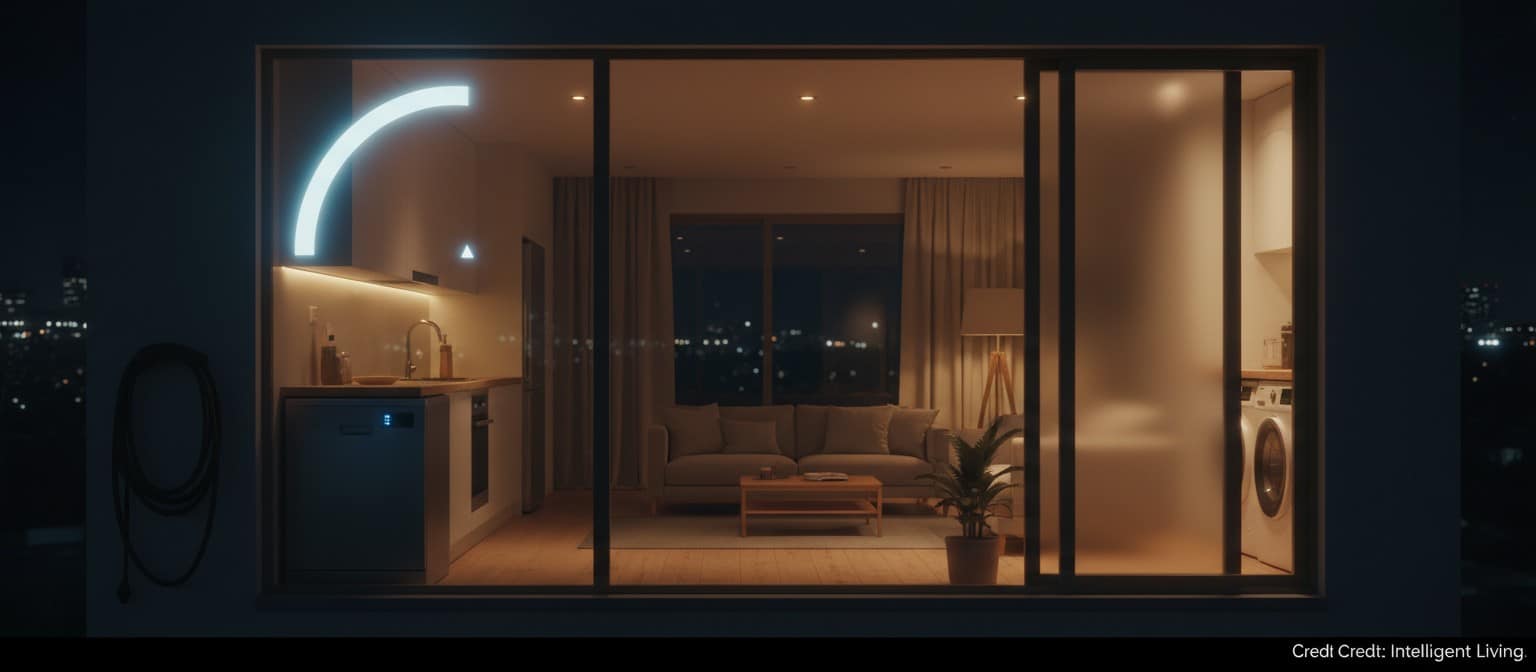 Wide cinematic scene of a calm home at night with subtle off-peak energy cues, showing appliances quietly running after peak hours and a soft visual timeline of peak vs off-peak electricity.