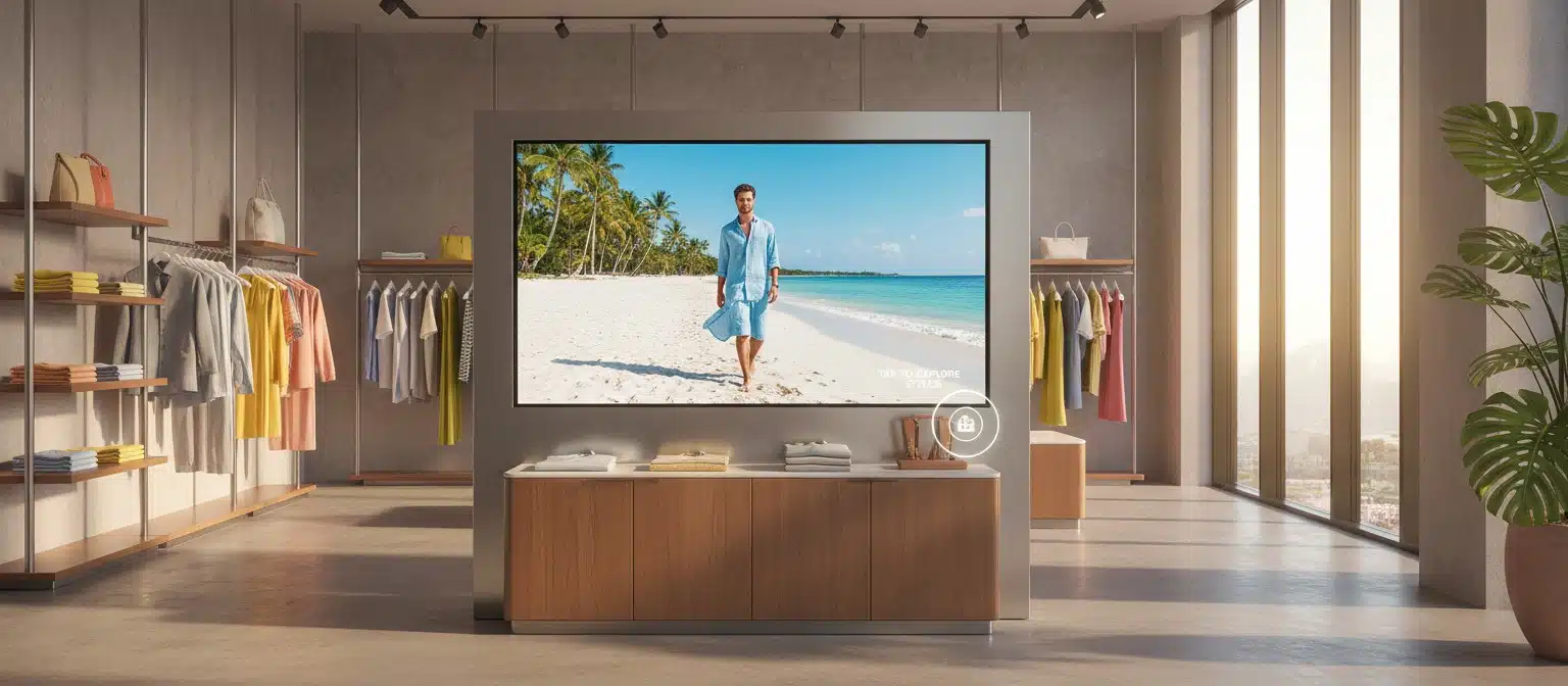 Interactive smart display in a Miami clothing store showing a beach scene
