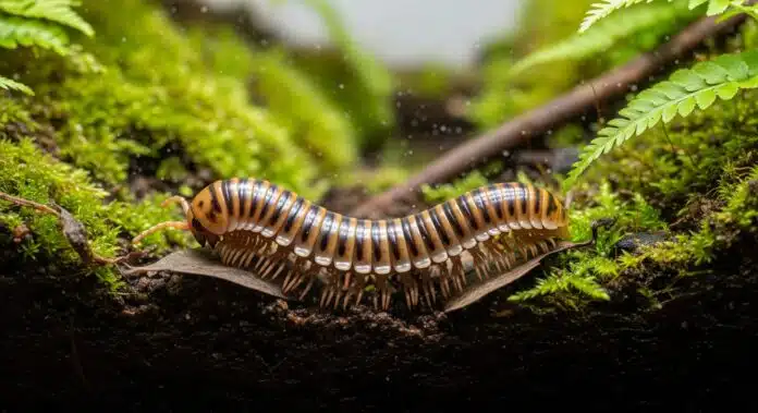 millipede-terrarium-naturalistic-habitat A millipede crawling across soil and leaf litter in a naturalistic glass terrarium with moss and ferns