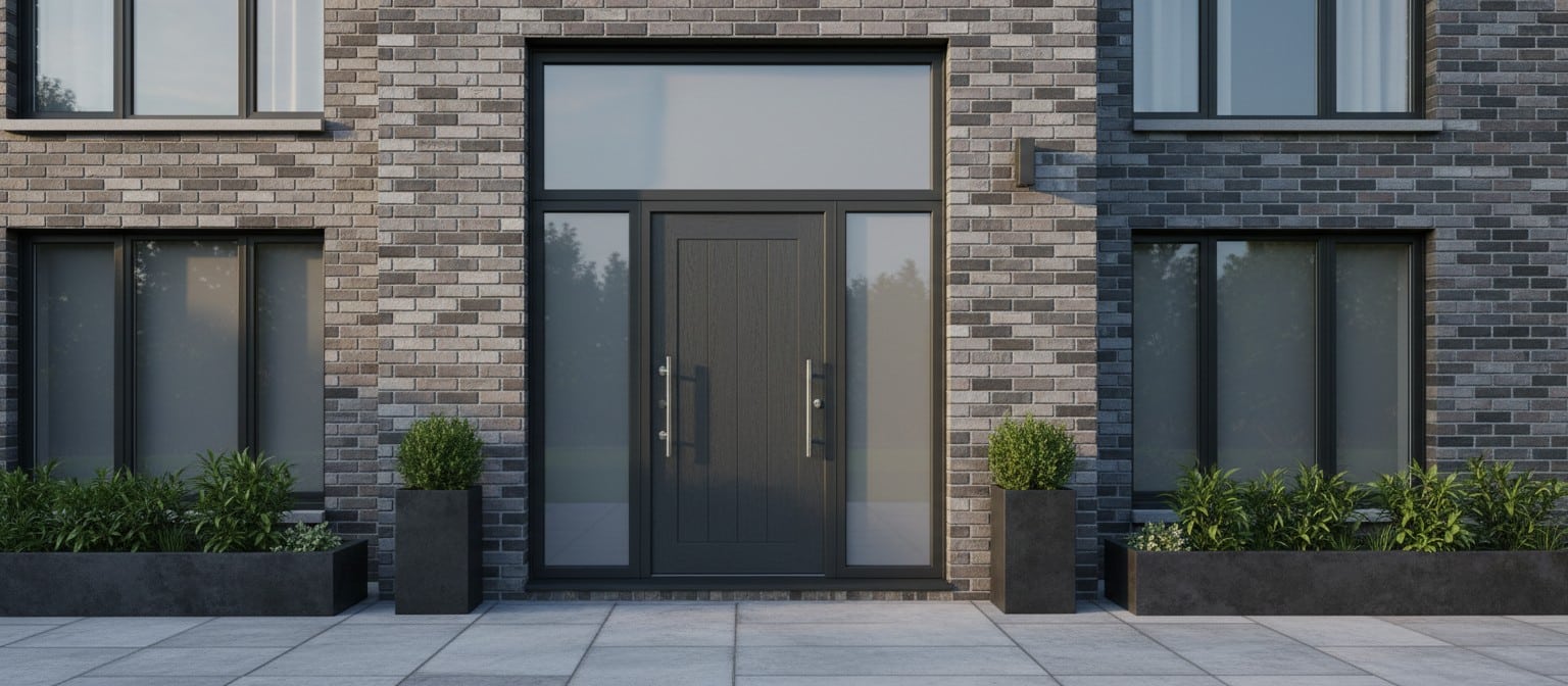 A modern composite front door showing the textured GRP surface and sturdy construction.