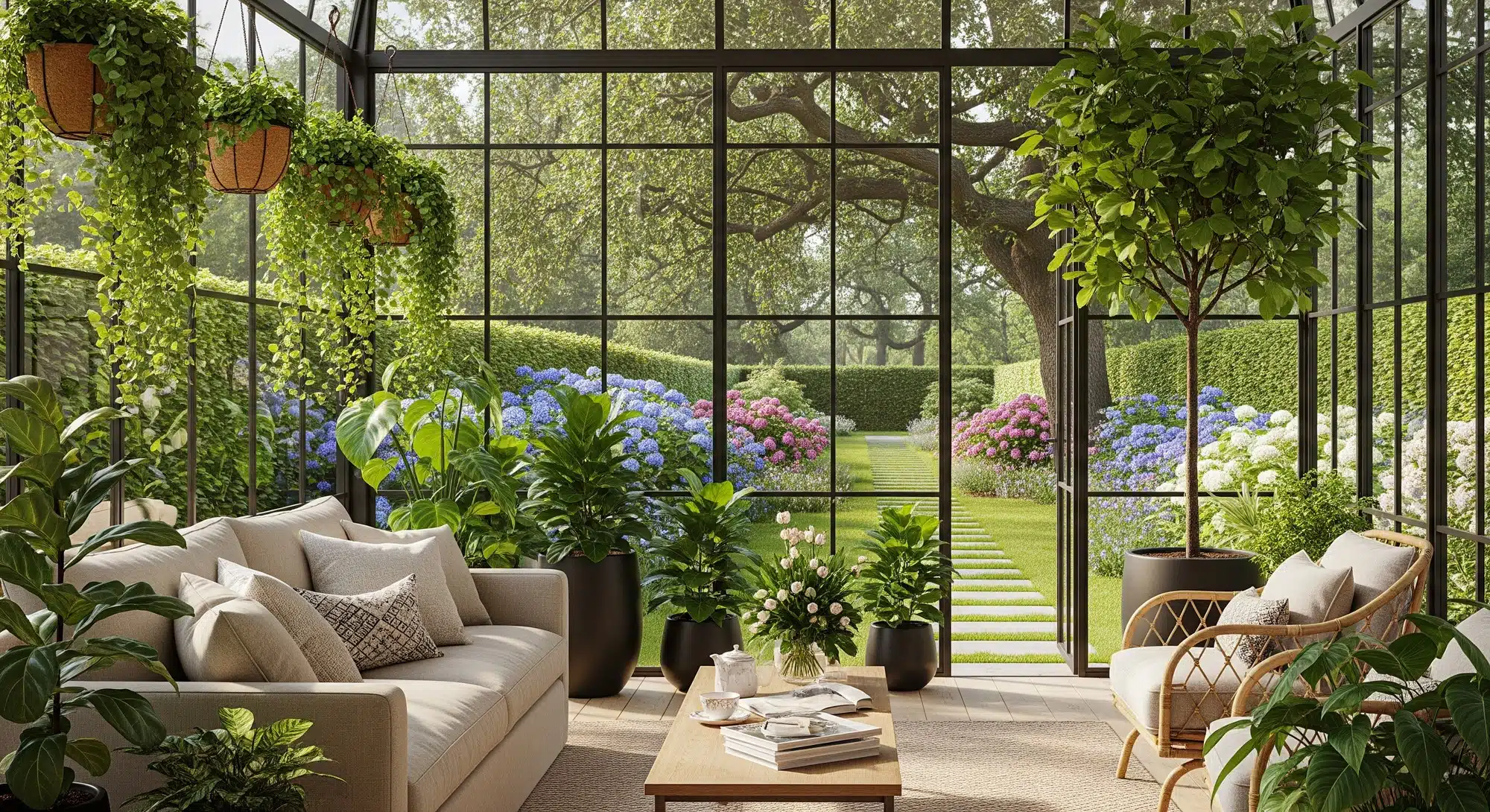 A bright, modern sunroom filled with plants and comfortable seating.