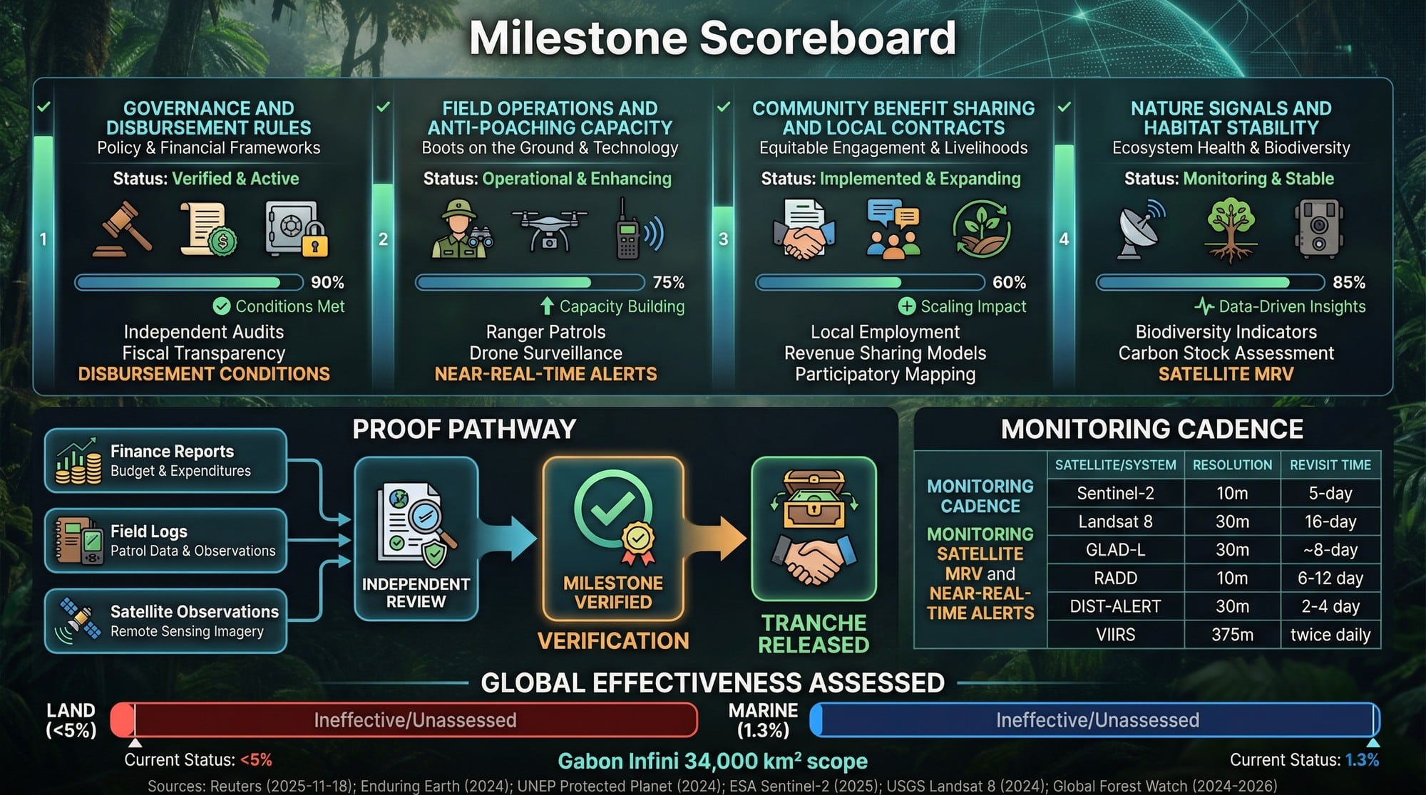 A verification scoreboard showing finance milestones, patrol operations, community benefits, and satellite-based monitoring pathways with data refresh frequencies and resolutions.