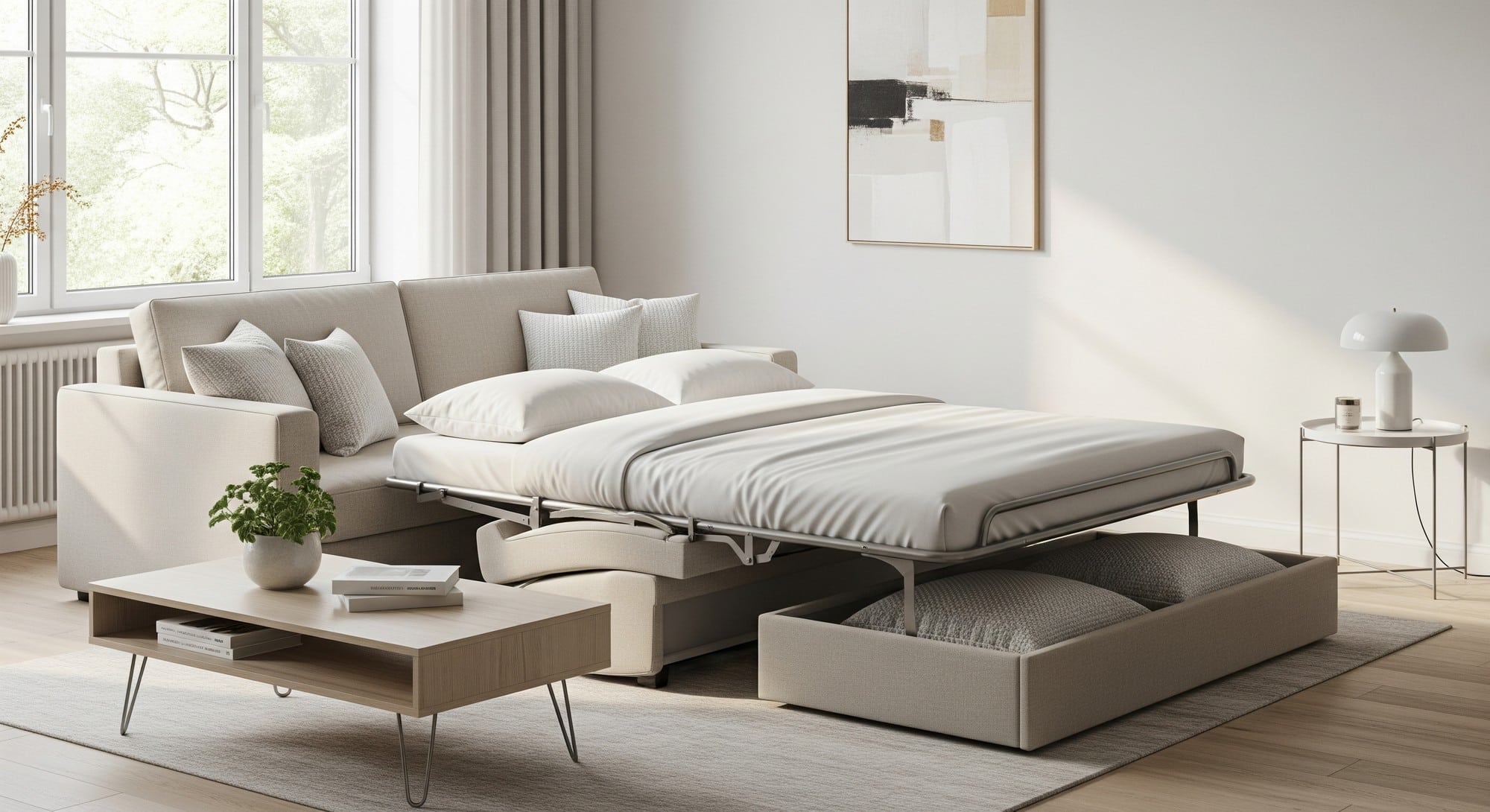 A multi-functional sofa bed in a clean, contemporary small home.
