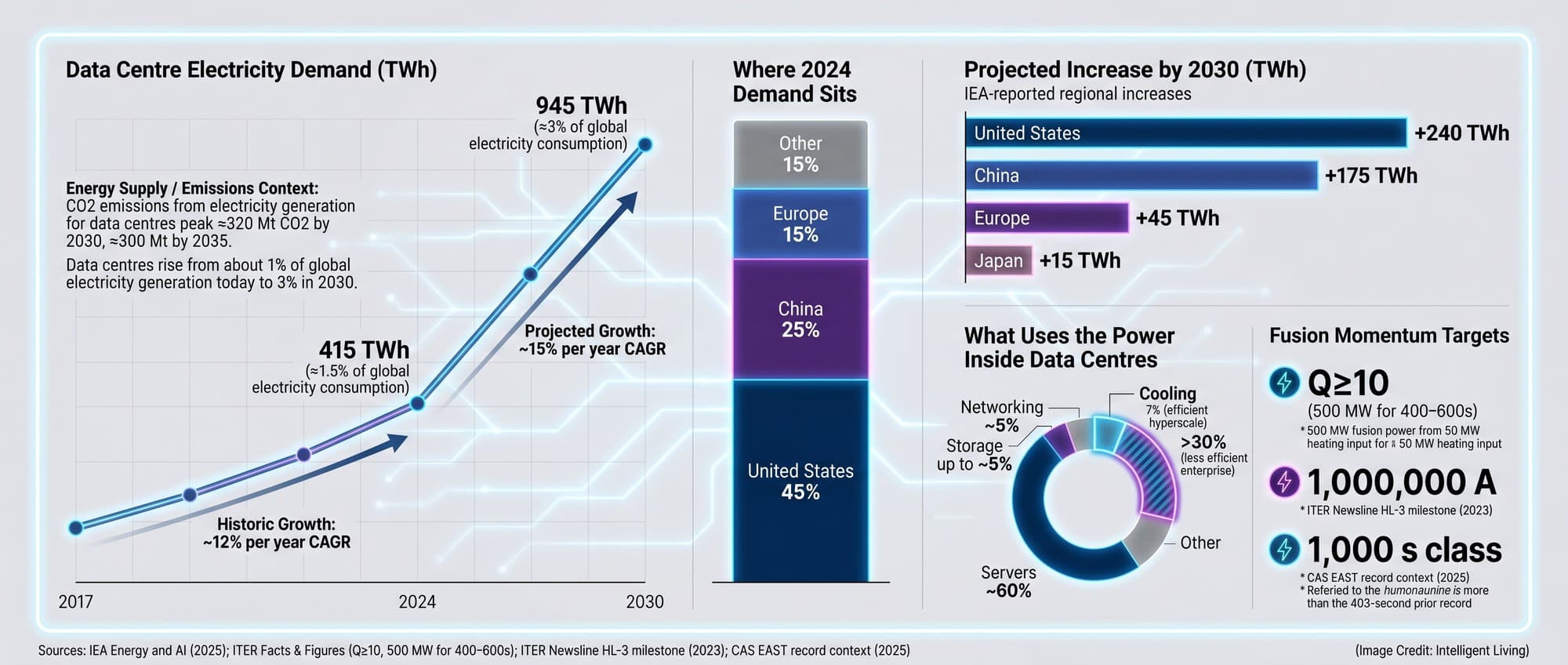 A wide data visualization connecting rising data-center electricity demand and its emissions footprint to concrete fusion momentum metrics like ITER's Q=10 target and major tokamak performance milestones.
