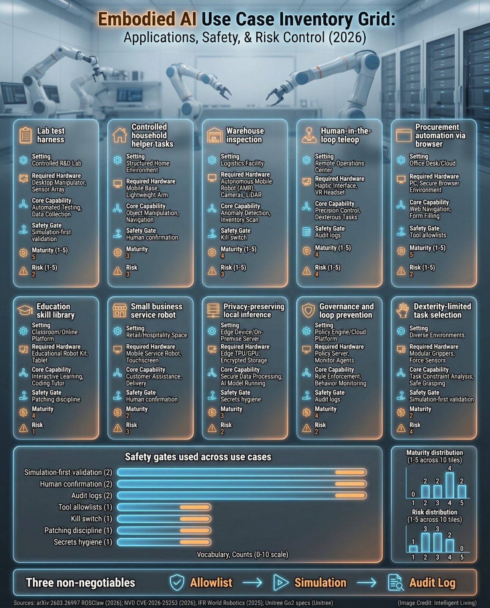 Data-rich use case grid showing ten embodied AI applications with required components, safety gates, maturity level, and risk controls for real deployment.