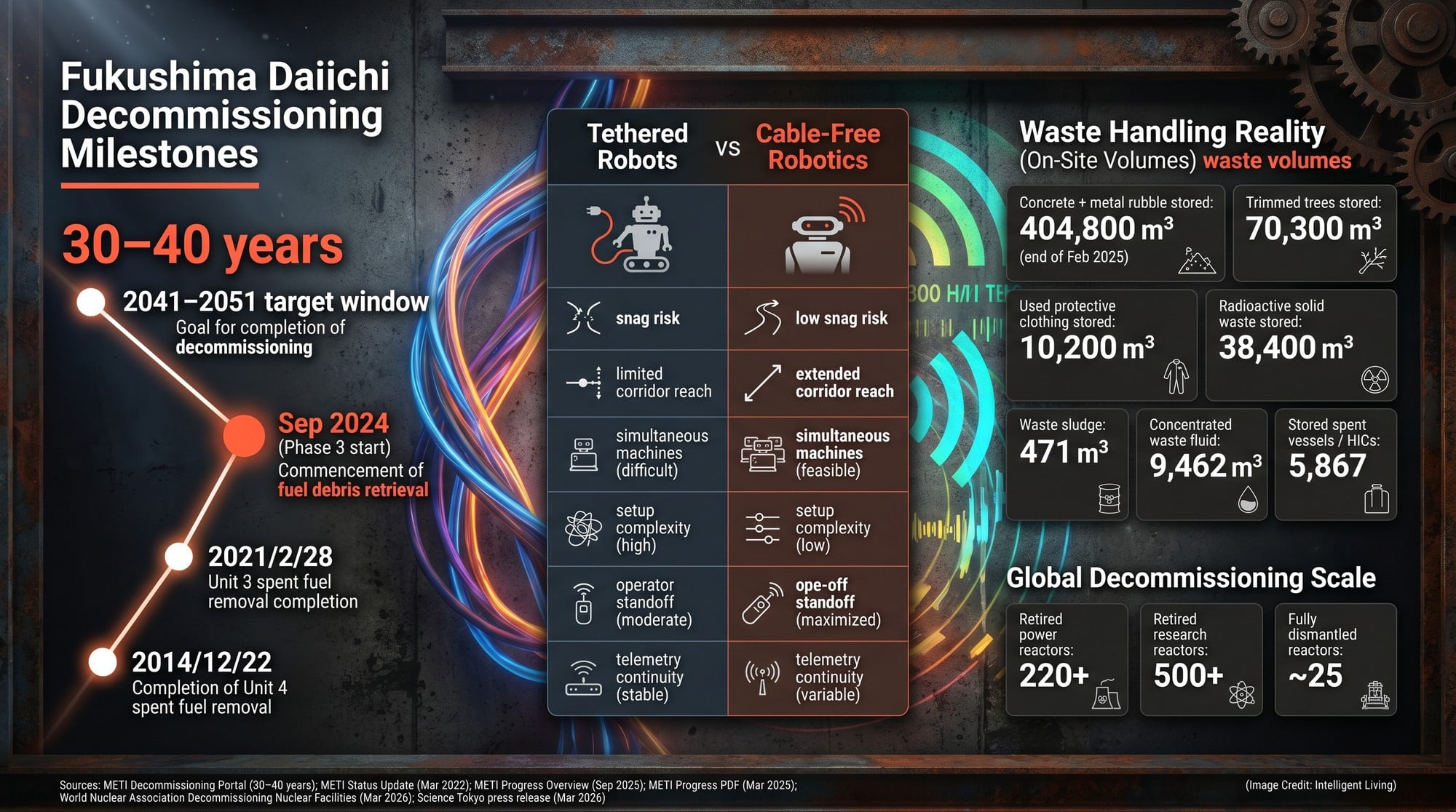 Wide data journalism poster showing Fukushima Daiichi decommissioning timelines, waste volumes, and global decommissioning scale, alongside a tethered-versus-cable-free robotics workflow comparison.