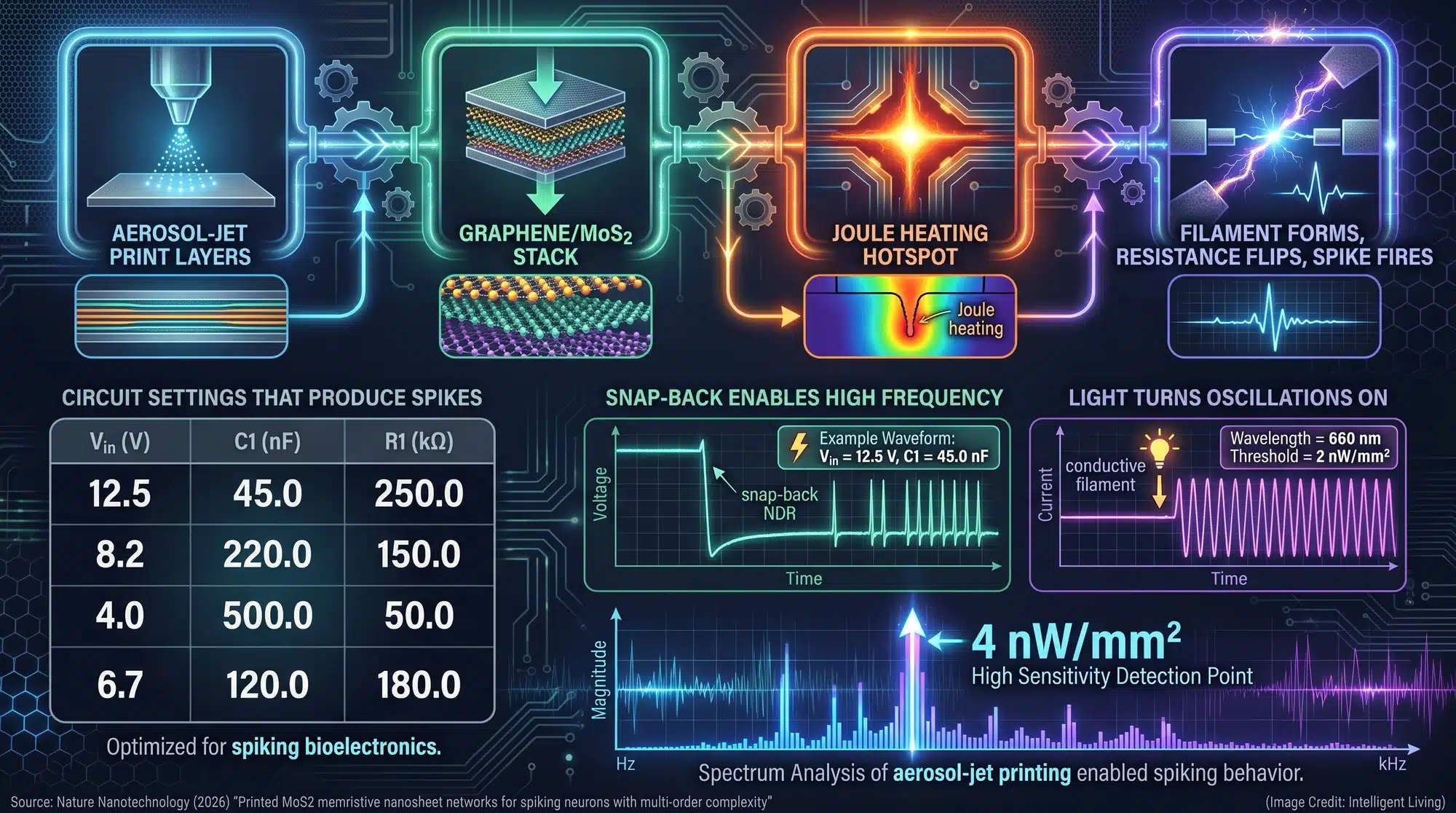 Step-by-step technical infographic showing aerosol-jet printing, graphene–MoS2 stacking, Joule heating filament formation, and circuit parameters that generate spike trains and oscillations.