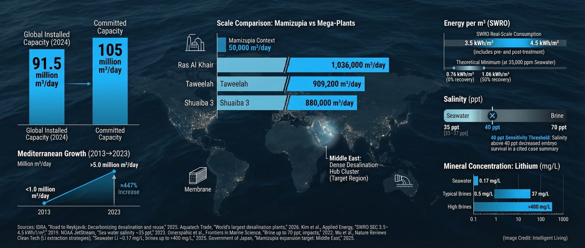 Ultra-wide chart-driven visual showing global desalination growth, SWRO energy intensity, brine salinity impacts, and why osmotic power scales best near major coastal desalination hubs.