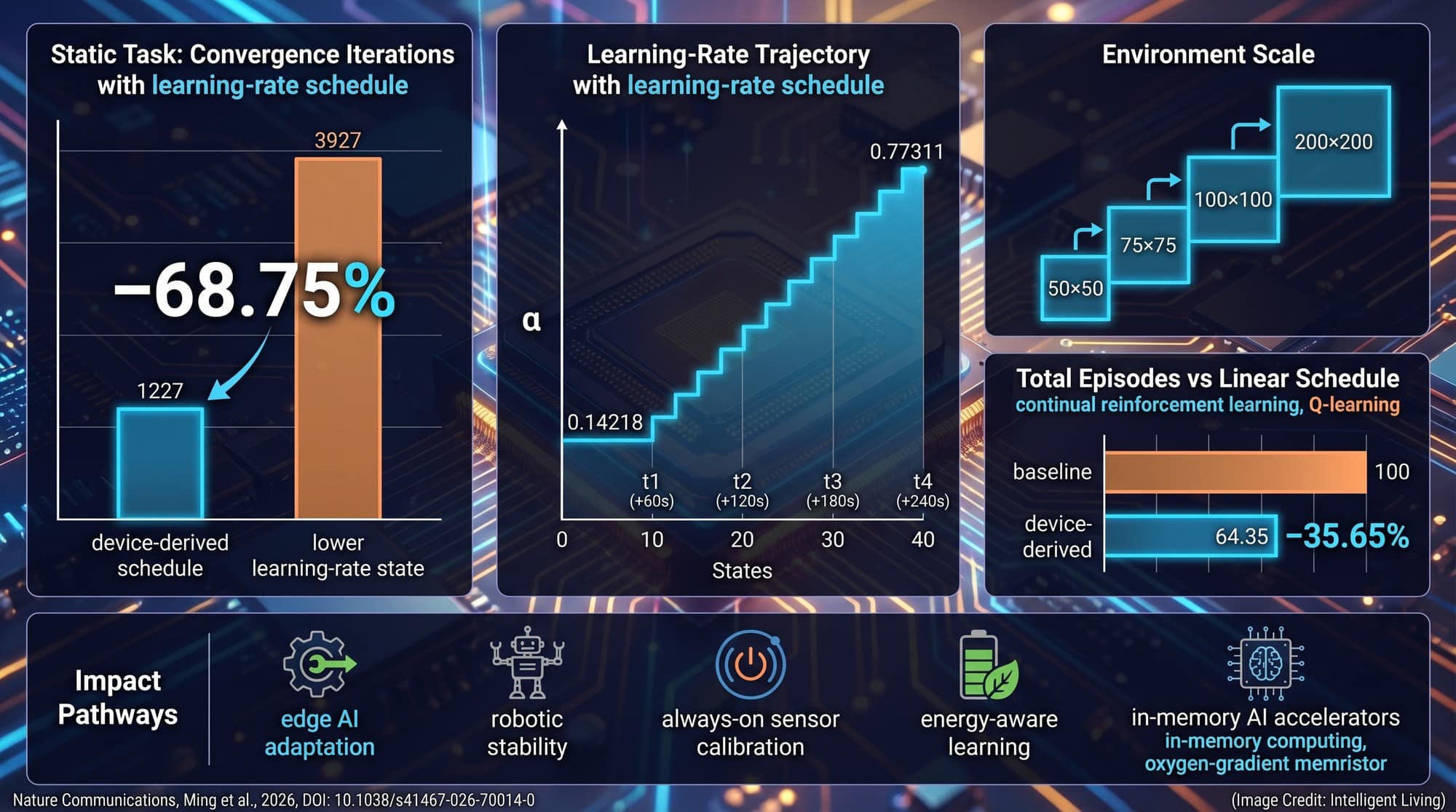 Data visualization showing reinforcement learning iteration reductions, learning-rate range, multi-stage environment scaling, and a concise impact pathway list for memristive continual reinforcement learning.