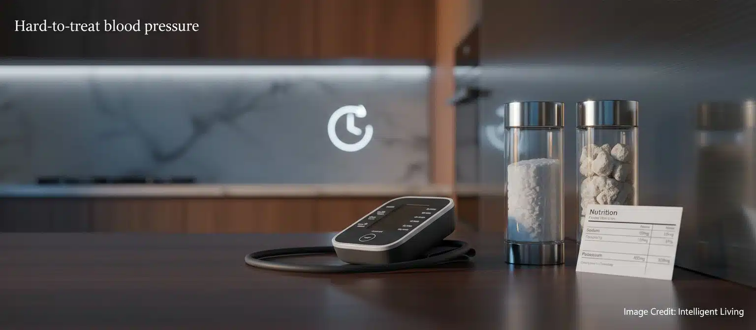 A cinematic kitchen counter with two identical salt shakers, one labeled