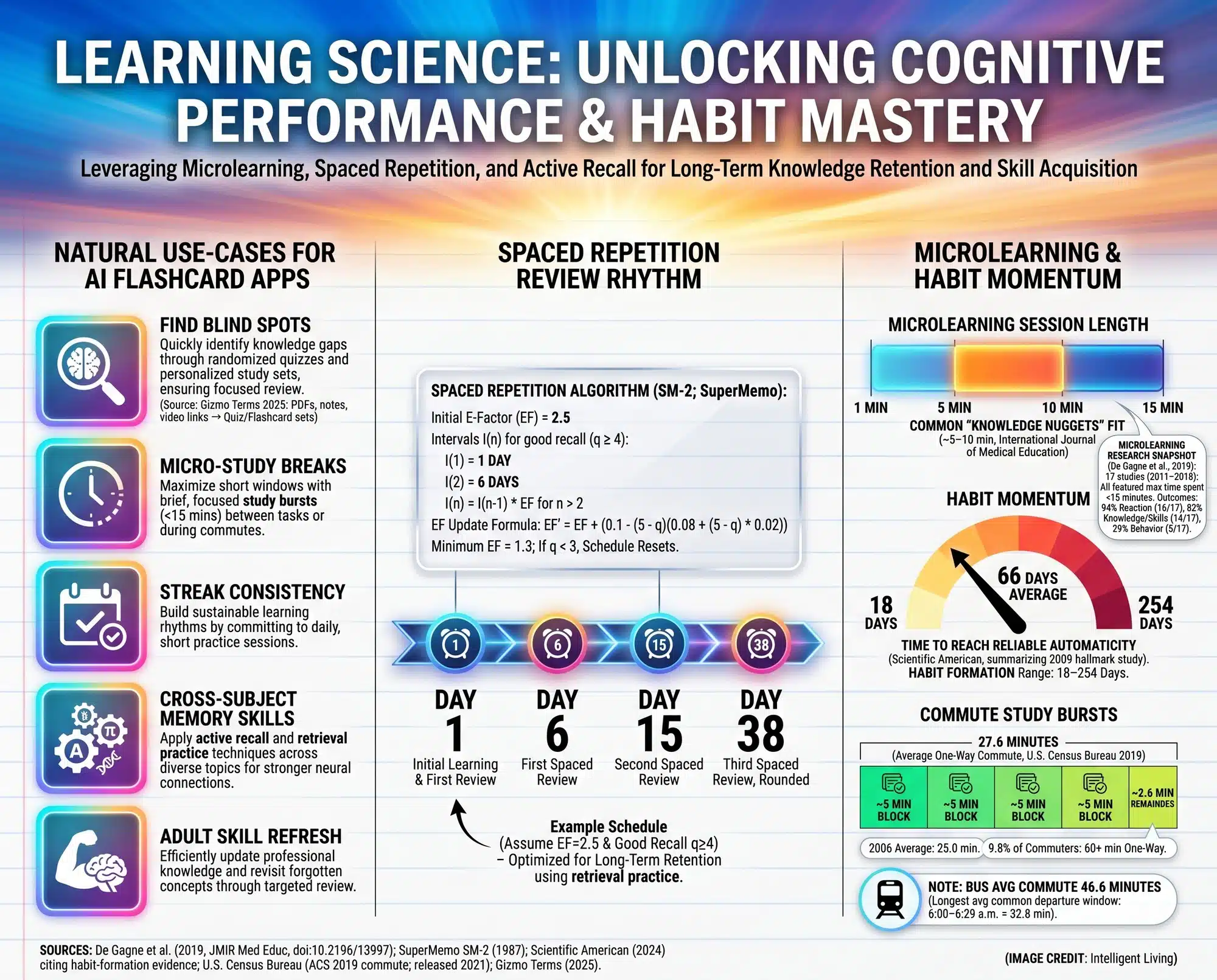 Visual guide showing five common AI flashcard use cases, a spaced repetition review timeline, microlearning session lengths, habit formation timelines, and commute-time study math.
