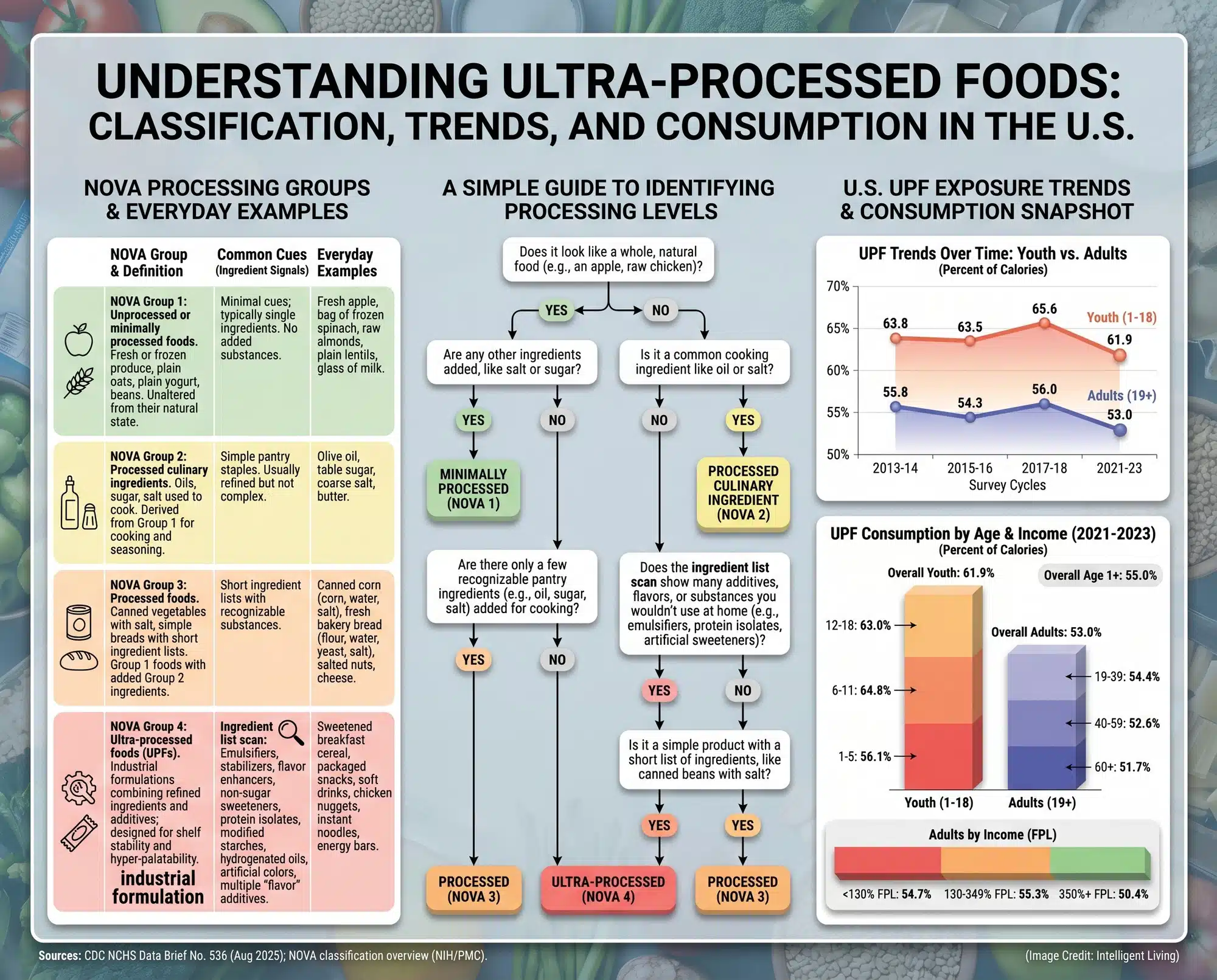 A data-rich educational visual explaining how to classify ultra-processed versus minimally processed foods using NOVA logic, plus U.S. UPF calorie trends by age and income.