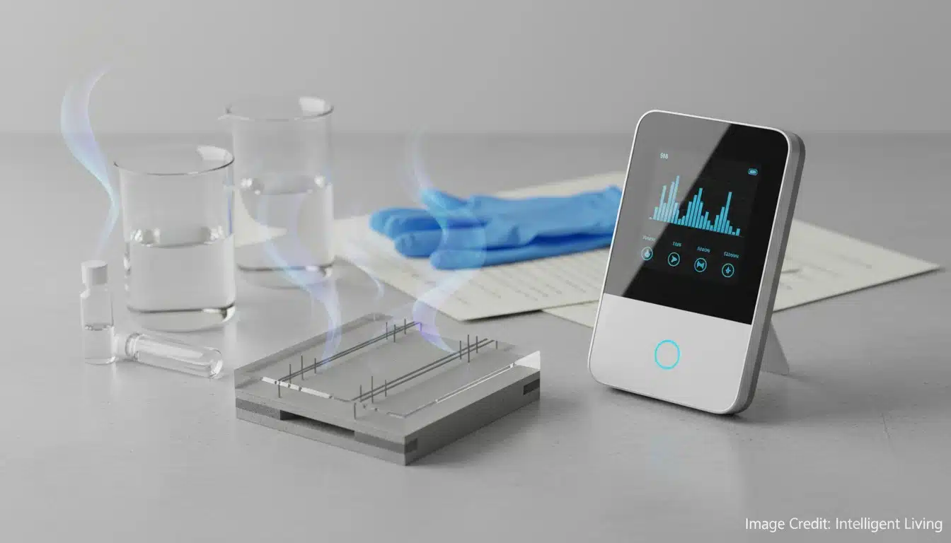 Editorial still life of a solvent-safe lab scene with unlabeled glassware, an indoor air monitor, and a foundation model showing vapor intrusion pathways for TCE and VOC exposure.