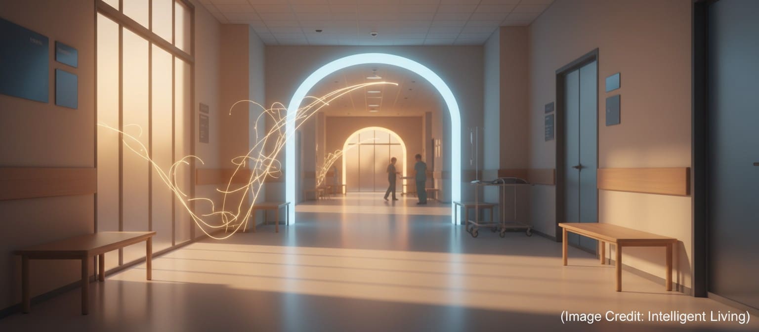 Wide cinematic photo of a connected care pathway—clinic hallway flowing into a digital network glow—symbolizing universal health credential impact, healthcare portability, and capacity reality checks in Mexico.