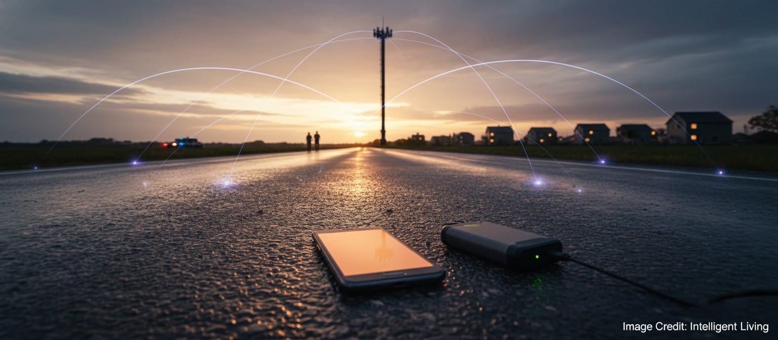 A wide cinematic scene of a storm-affected rural area with a phone reconnecting via satellites, showing resilience layers like emergency messaging and backup communications.